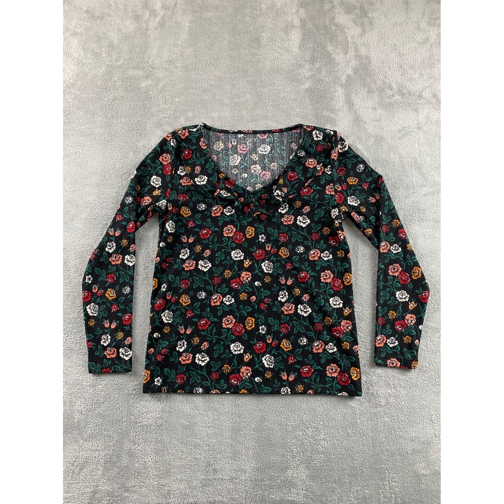LOFT Outlet Petite Medium Black Floral Ribbed Long Sleeve Ruffle V-Neck Top MP